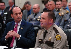 Lewis County Sheriff Johnny Bivens speaks before the House Judiciary Committee in Frankfort. State Representative Rocky Adkins (left) is a member of that committee. - LRC Photo