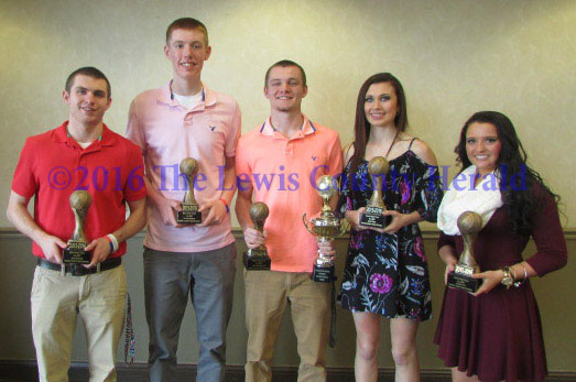 First Team All EKC, left to right, Jake Parker, Jason Kiebler, Trenton Walker, Abby Pick and Jaycey Fite.