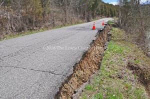 Damage is evident to this section of Big Cabin Creek Road. Emergency state funding has been approved for repairs. - Photo by Dennis Brown