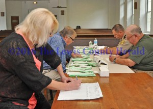 Members of the Lewis County Board of Elections conducted a recanvass of the presidential primary election. Pictured, left to right, are County Clerk Glenda Himes, George Plummer, Sheriff Johnny Bivens and Grover Evans. - Photo by Dennis Brown