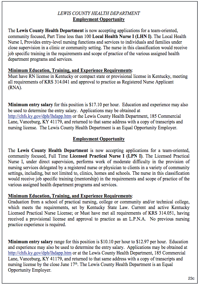 Lewis County Health Department Employment Opportunity