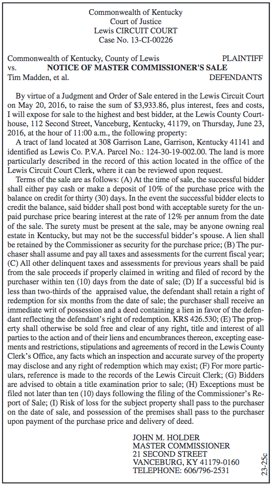 Notice of Master Commissioner's Sale, Commonwealth of Kentucky, County of Lewis vs Tim Madden, et al.