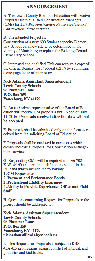 Board of Education invitation to receive proposals from construction managers
