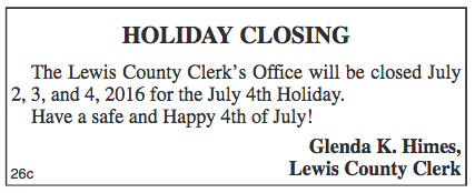 Lewis County Clerk Holiday Closing
