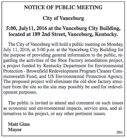 City of Vanceburg Notice of Public Meeting