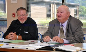 School Board Chair Bryan McRoberts, left, and Interim Superintendent Donald Pace discuss the process of finding a new Superintendent for the Lewis County School District. The search is officially underway and will be conducted in-house. - Photo by Dennis Brown