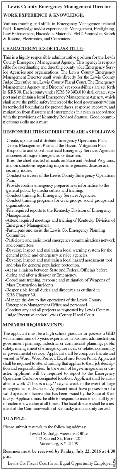 Lewis County Position for Emergency Management Director