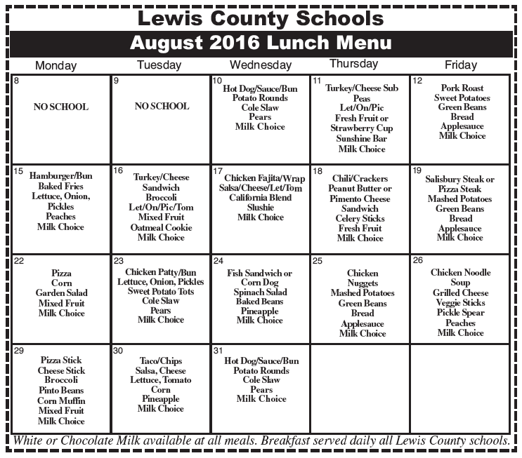 Lewis County Schools August 2016 Lunch Menu