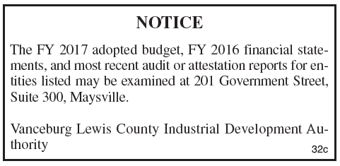 Industrial Development Authority FY 2016 Financial Statements, Industrial Development Authority FY 2017 Adopted Budget notice