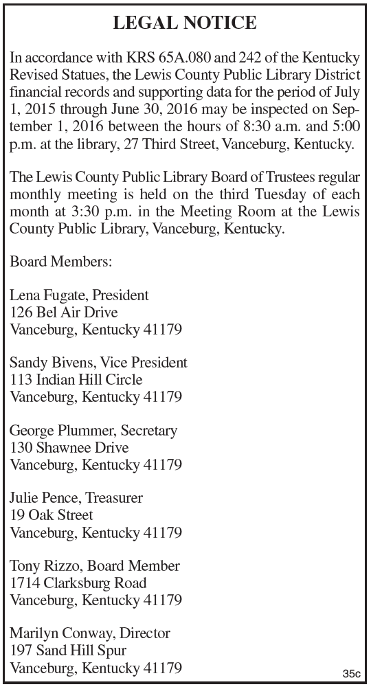 Lewis County Public Library Financial Records Inspection Notice