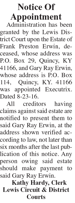 Notice of Appointment Estate of Frank Preston Erwin