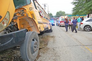 Five Lewis County students were taken to a Portsmouth, Ohio, hospital following an accident involving a school bus this morning in Garrison. None of the injuries were reported to be serious. - Dennis Brown Photo