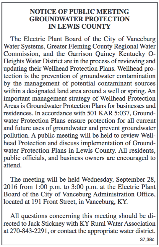 Notice of public meeting, groundwater protection in Lewis County