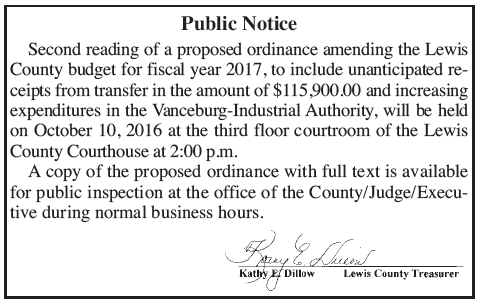 Public notice of second reading of budget ordinance