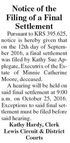 Notice of the Filing of a Final Settlement, Estate of Minnie Catherine Moore