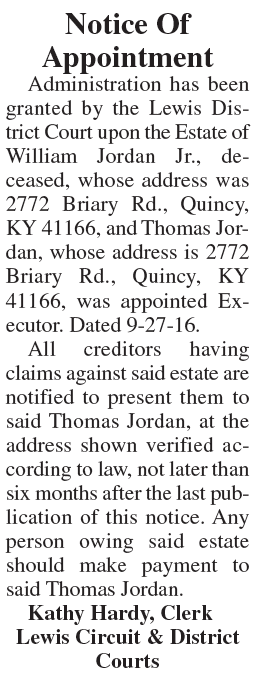 Notice of Appointment, Estate of William Jordan Jr.