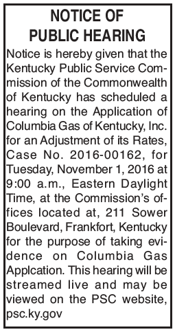 Kentucky Public Service Commission, Notice of Public Hearing, Columbia Gas adjustment of rates