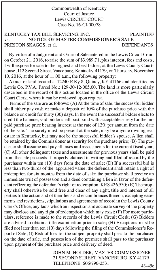 Notice of Master Commissioner's Sale, Kentucky Tax Bill Servicing Inc vs Preston Skaggs et al 