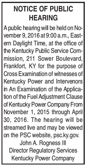 Notice of Public Hearing, Public Service Commission, Fuel Adjustment Clause, Kentucky Power Company