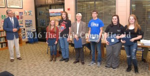 Members of the Lewis County Board of Education recognized CCR seniors during a regular meeting. Pictured with Superintendent Jamie Weddington are Kyra Adams, Curtis Carver, Luke Swearingen, Taylor Skidmore, Nicole King and Eden Jordan. - Dennis Brown Photo