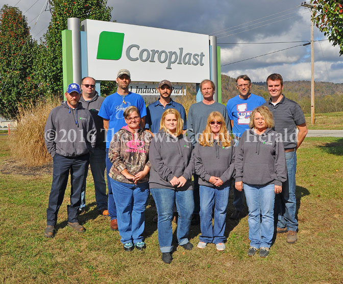 Coroplast team members took a few minutes to gather for a photo outside the recently ISO Certified facility at Black Oak. Back row, left to right, Rodney Switzer, Jacob Brewer, Scottie O'Neal, George Cooper, David Olds, Robert Barton and Plant Manager Thomas Hein. Front row, Janice Toller, Goldie Rowe, Mary Sue Kinsel and Kathy Blevins. - Dennis Brown Photo 