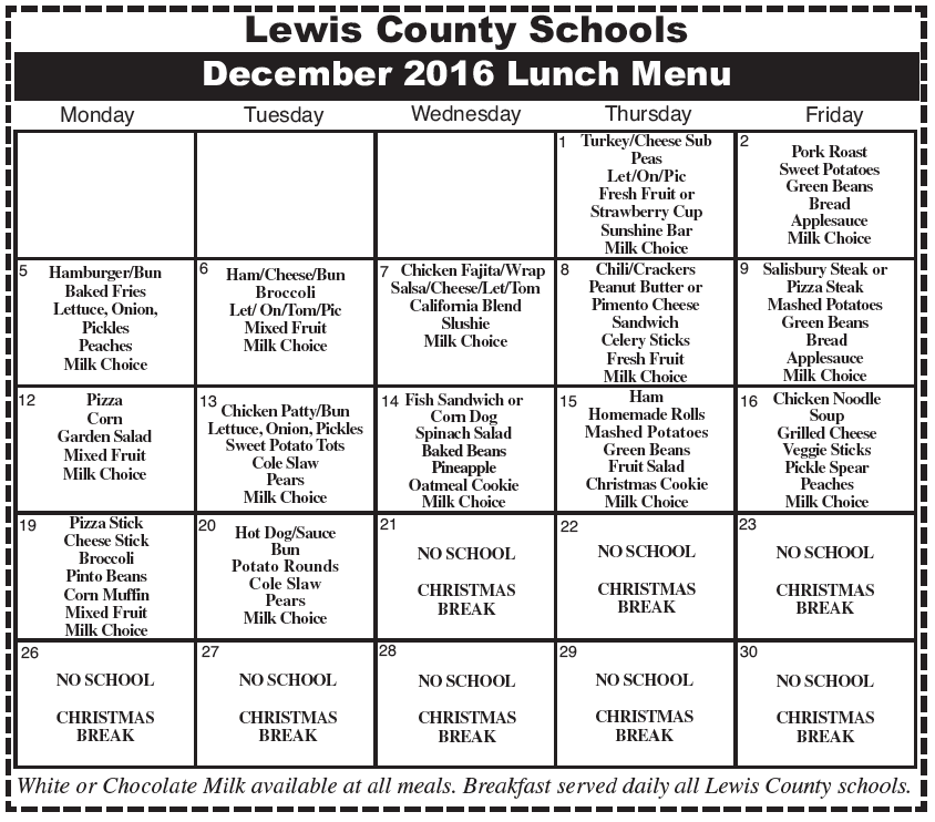 Lewis County Schools November 2016 Menu