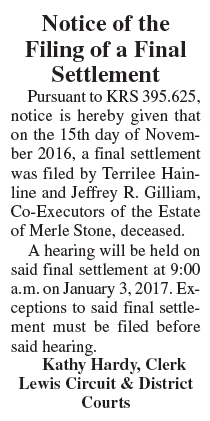 Notice of Filing of Final Settlement, Estate of Merle Stone