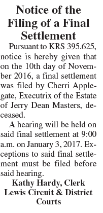 Notice of Filing of Final Settlement, Estate of Jerry Dean Masters