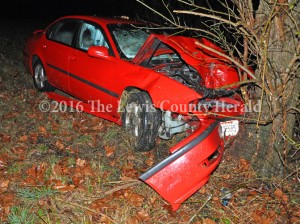 An Ohio man was injured early Monday when this vehicle reportedly hydroplaned on the AA Highway west of Vanceburg, went off the roadway and struck a tree. - Dennis Brown photo