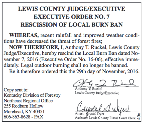 Rescission of Burn Ban, Judge Executive Order 
