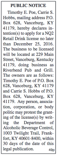 Public Notice, Intent to Apply for Retail Drink License
