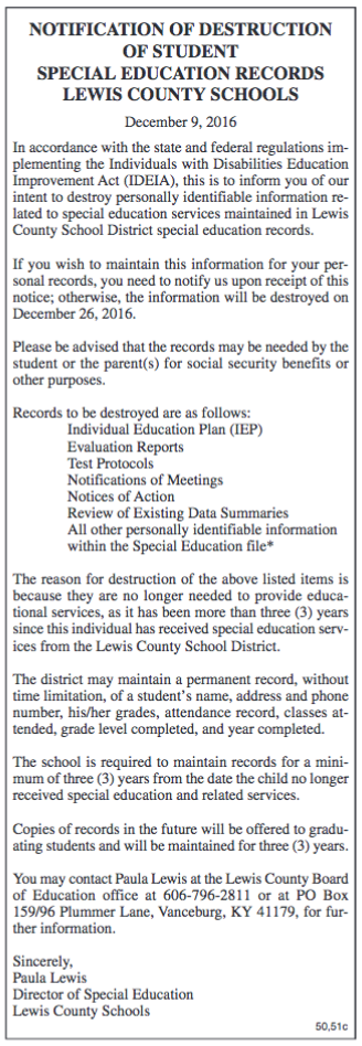 Notice of Destruction of Student Special Education Records, Lewis County Schools