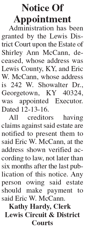 Notice of Appointment, Estate of Shirley Ann McCann