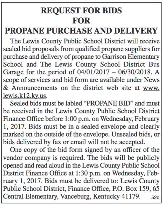 Request for Bids for Propane Purchase and Delivery, Lewis County Schools