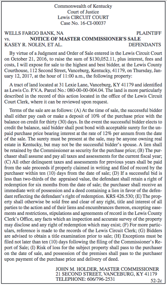 Notice of Master Commissioner's Sale, Wells Fargo Bank vs Kasey R Nolen et al