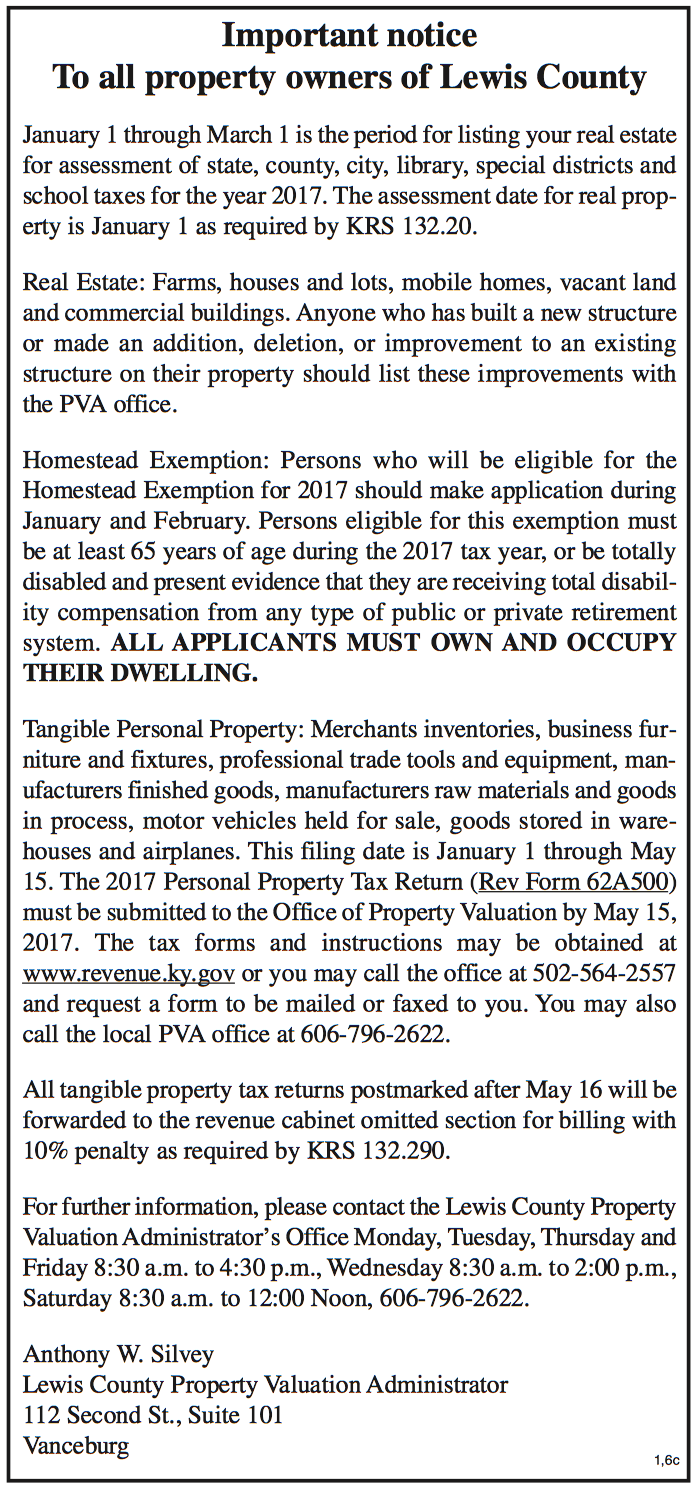 Notice to all Lewis County Property Owners, Lewis County PVA, Anthony Silvey