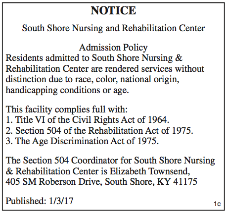 South Shore Nursing and Rehabilitation Center Admission Policy