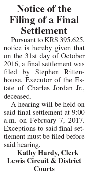 Notice of the Filing of a Final Settlement, Estate of Charles Jordan Jr