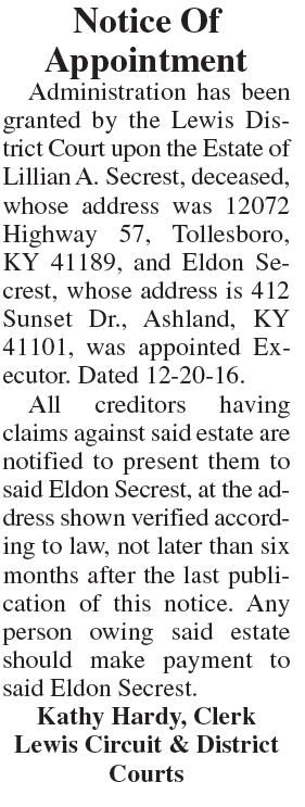 Notice of Appointment, Estate of Lillian A Secrest