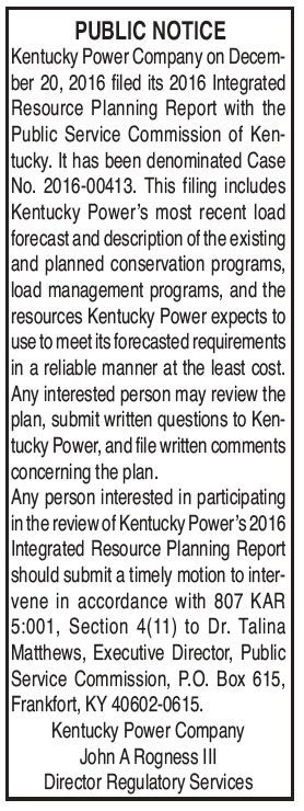 Public Notice, filing of Integrated Resource Planning Report with PSC, Kentucky Power Company