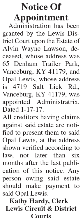 Notice of Appointment, Estate of Alvin Wayne Lawson