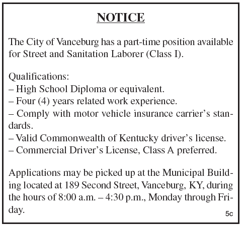 City of Vanceburg, Part-time position, Street and Sanitation Laborer