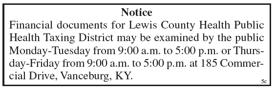 Public Notice, Lewis County Health Public Health Taxing District, financial documents available for examination
