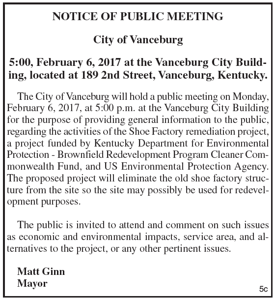 City of Vanceburg, Notice of Public Meeting