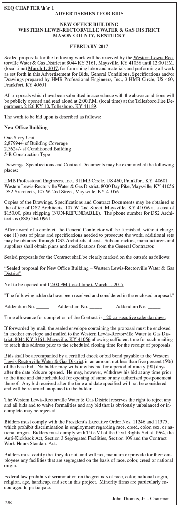 Western Lewis-Rectorville Water & Gas District, Advertisement for Bids