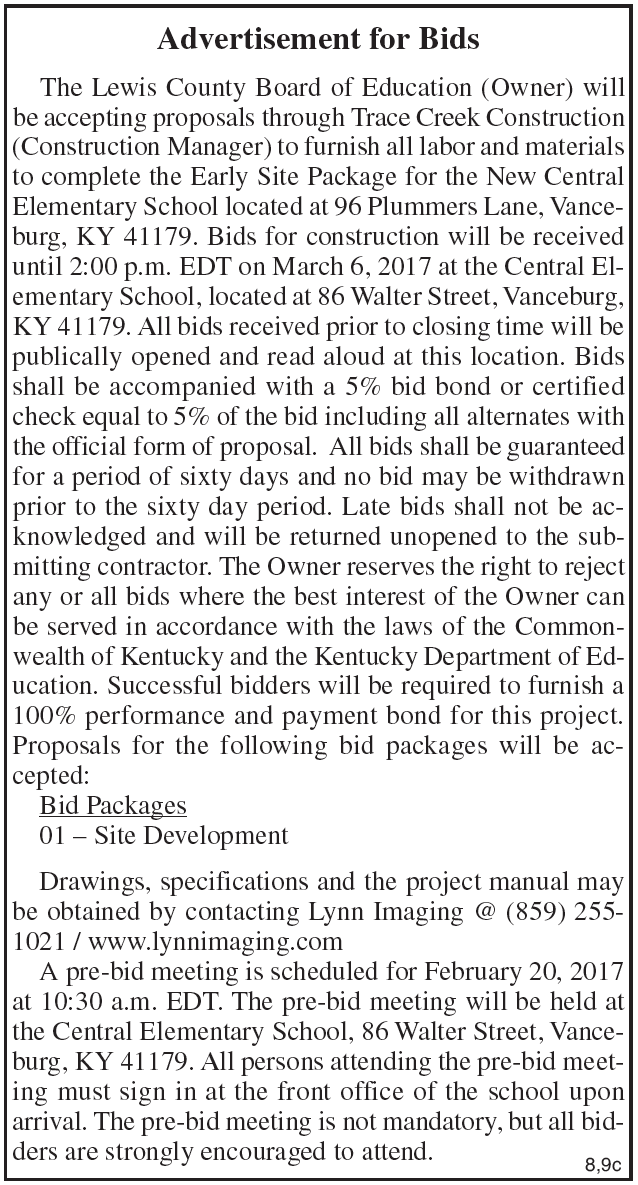 Lewis County Board of Education, Advertisement for Bids, New Central Elementary School