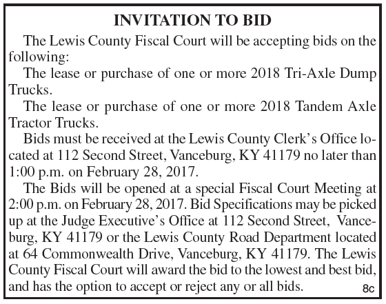 Lewis County Fiscal Court, Invitation to Bid, Road Department Equipment