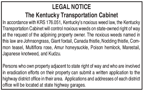 Legal Notice, Kentucky Transportation Cabinet, Noxious Weed Law