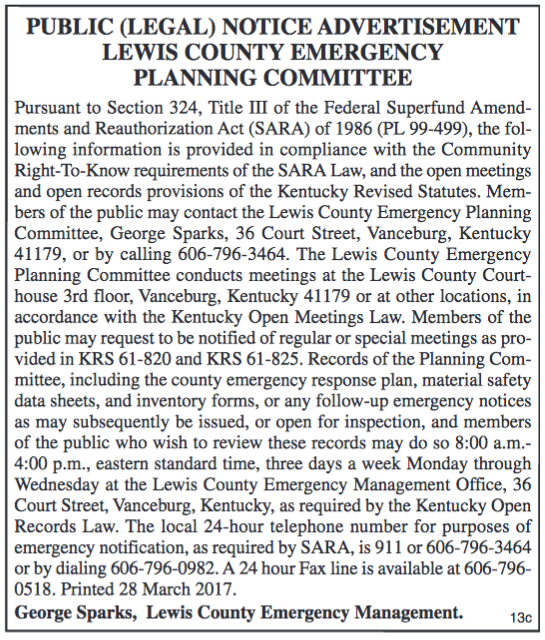 Lewis County Emergency Planning Committee, Public Notice, Right-To-Know Requirements