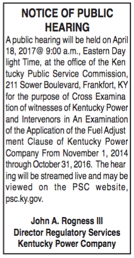 Notice of Public Hearing, Kentucky Power Company, Application of Fuel Adjustment Clause